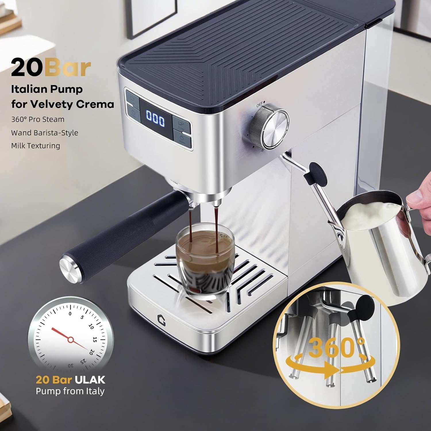 Kaffeemaschine, 20 Bar Siebträger Mit Milchaufschäumer Für Espresso, Cappuccino Und Latte - Kompakte Espressomaschine Mit Thermoblock, Heißwasserfunktion & Entkalkungsanzeige - Perfekt Für Haushalt Un
