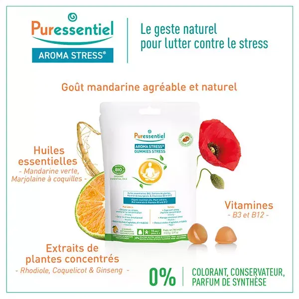 Puressentiel Aroma Stress Óleos Essenciais Orgânicos, Plantas e Vitaminas, 45 gomas