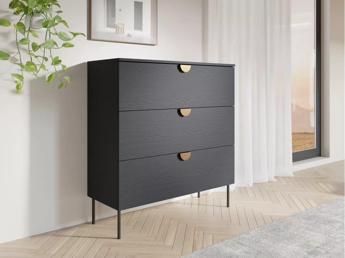 Commode avec 3 tiroirs - Noir et doré - NATANIEL