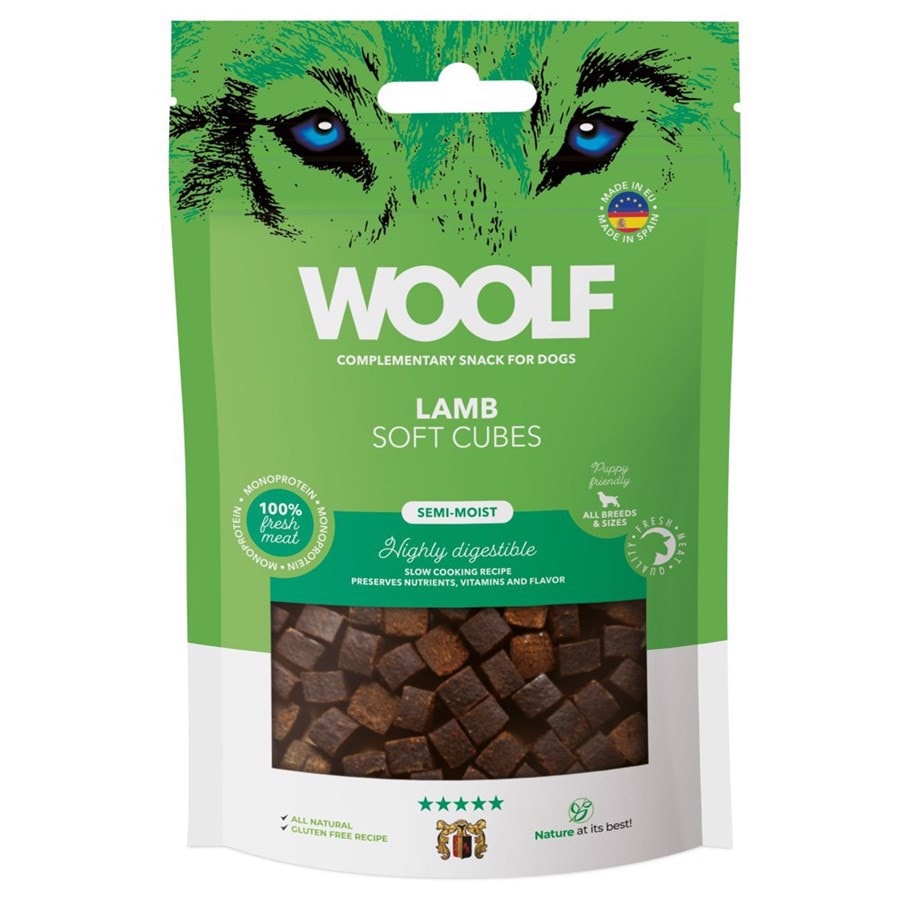 Woolf Soft Cubes Lamb 100g<br>Naturlig og proteinrik! Zip-lås pose