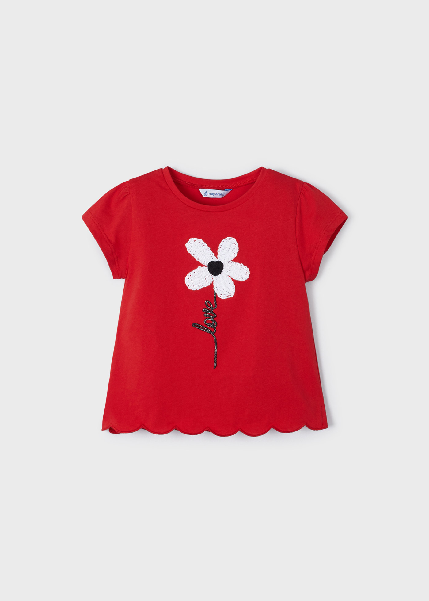 Camiseta feminina de algodão de manga curta com estampa bordada.