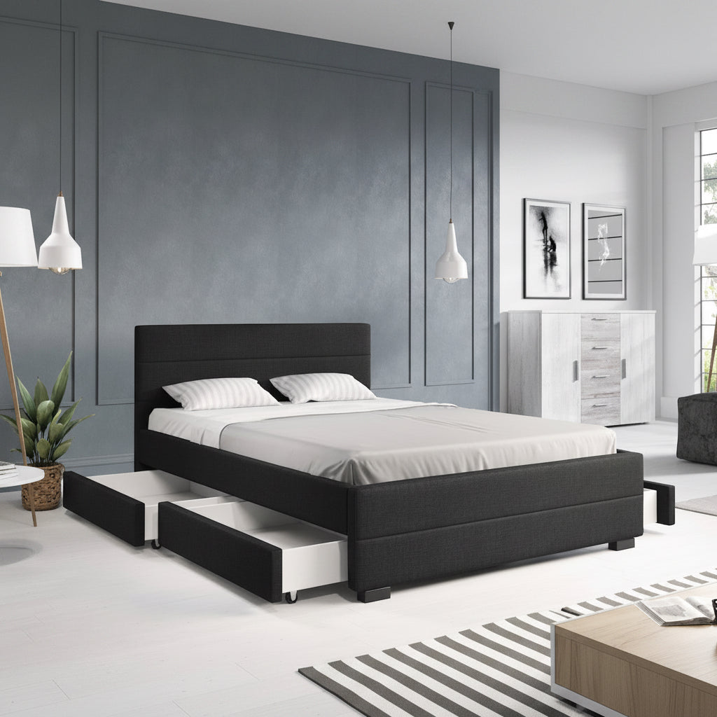Loox - Tweepersoonsbed met 4 lades - Stof zwart - 140x200 cm