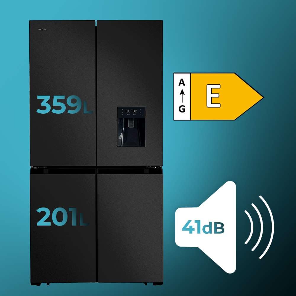 Cecotec Réfrigérateur Américain 4 Portes Dark de 564 L Bolero CoolMarket 4D 564 Dark E. 183 cm de Hauteur, 91 cm de Largeur, Distributeur d'Eau, Moteu