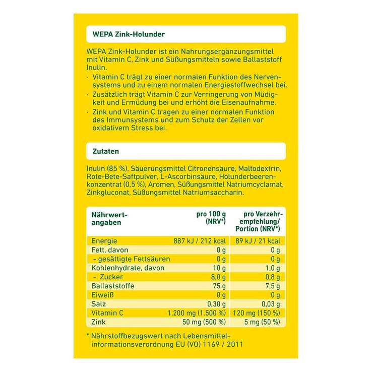 Wepa Zink Holunder + Vitamin C + Zink zuckerfrei Pulver, 10X10 g