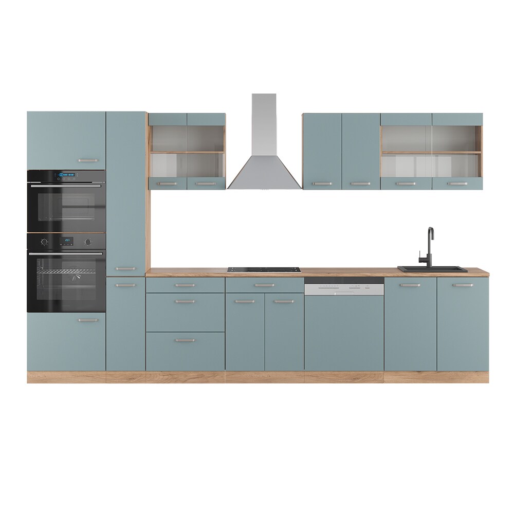 Vicco Küchenzeile R-Line Solid Eiche Blau Grau 350 cm modern Küchenschränke Küchenmöbel