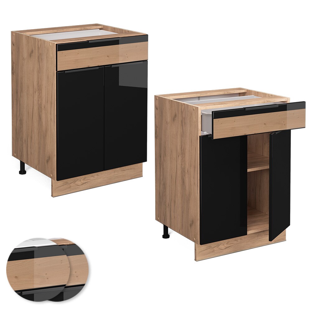 Vicco Schubunterschrank Küchenschrank Küchenmöbel Fame-Line Eiche Schwarz 60 cm modern Hochglanz