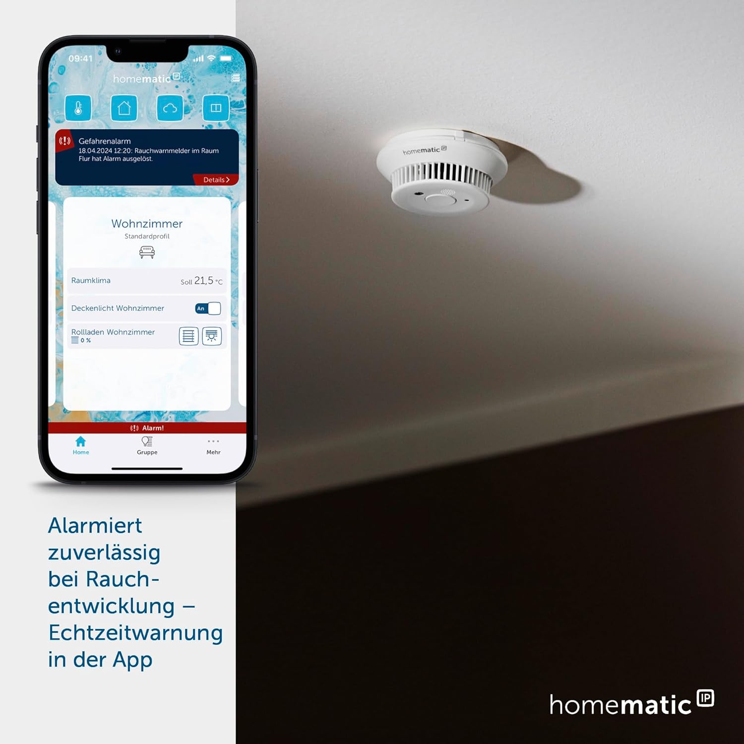 Homematic IP Smart Home Rauchwarnmelder mit Q-Label, Rauchmelder alarmiert lokal über die Sirene und per Push-Benachrichtigung in der Smartphone-App, integrierte LED-Notbeleuchtung, 156587A0