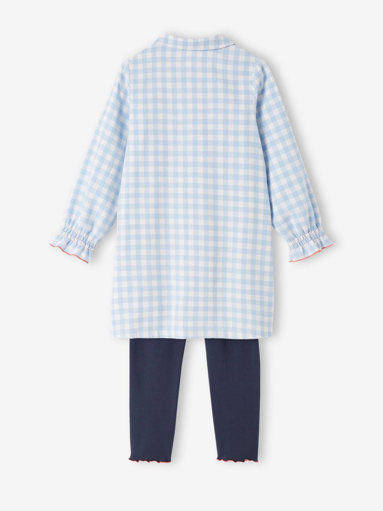 Camisola de flanela xadrez vichy + leggings xadrez azul lisas