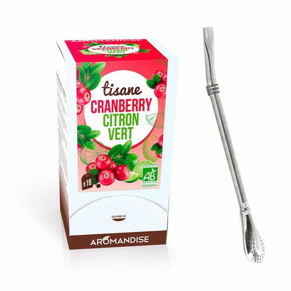 Tisane cranberry et citron vert biologique 18 sachets + paille inox avec filtre