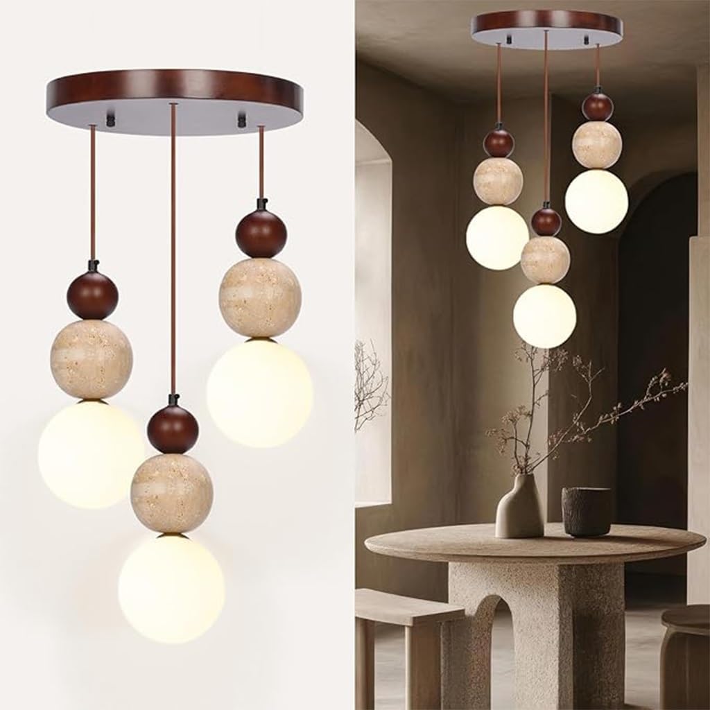 Wabi Sabi 3-Licht Pendelleuchte Travertin Stein Einbau Japandi Japanischer Nordischer Stil Sphärische Holz Kronleuchter Für Kücheninseln Esszimmer Wohnzimmer(B)