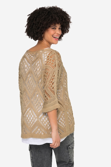 Pullover, oversized, Ajourstrick, V-Ausschnitt, Langarm