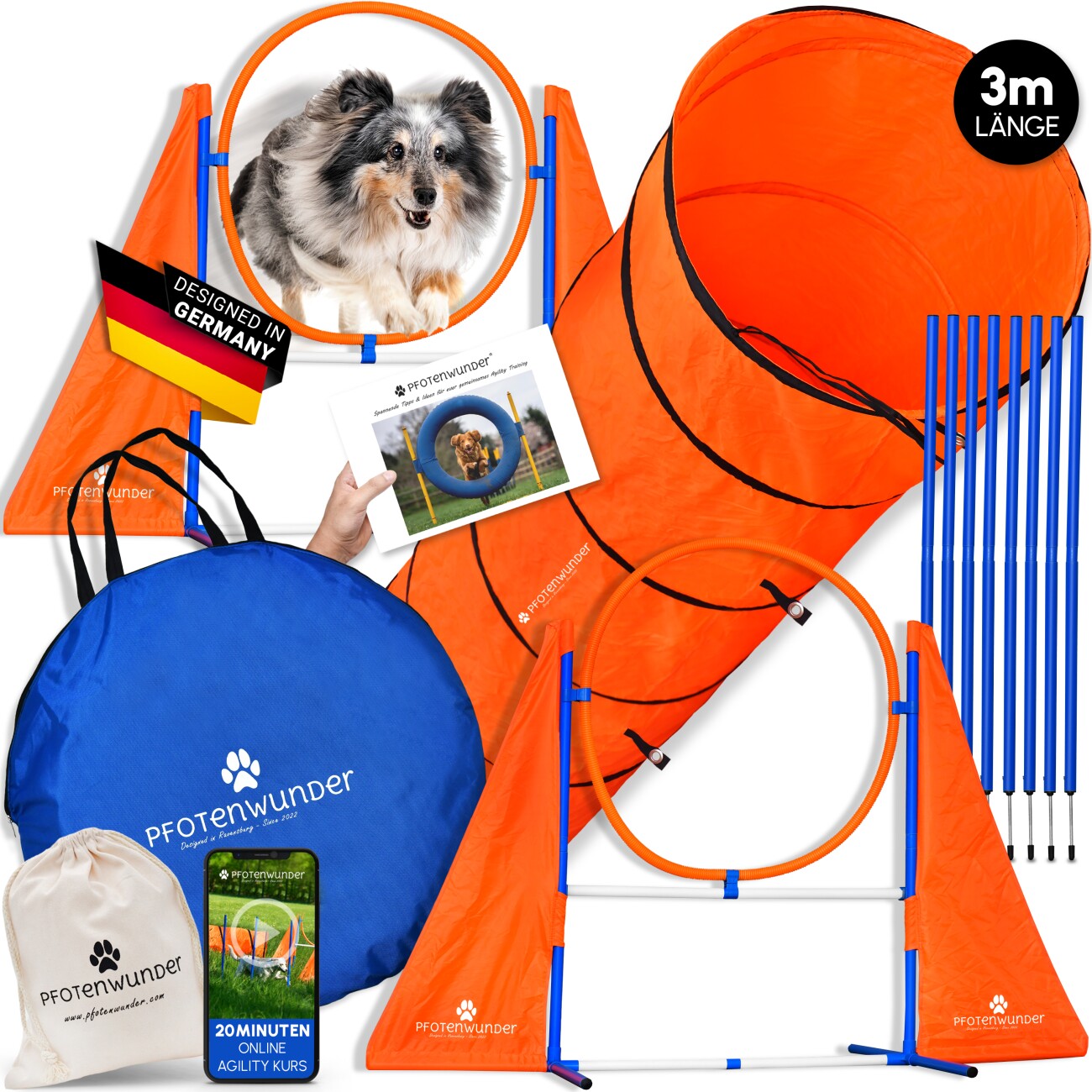 PfotenWunder® XXL-Profi-Agility Set Hunde Groß + 3 M-Tunnel + 21 Min. HUNDESCHULE - 6 Slalomstangen, für kleine & große Hunde-Training Sport Cavaletti Parcour Steckhürdenset Zubehör Hürden