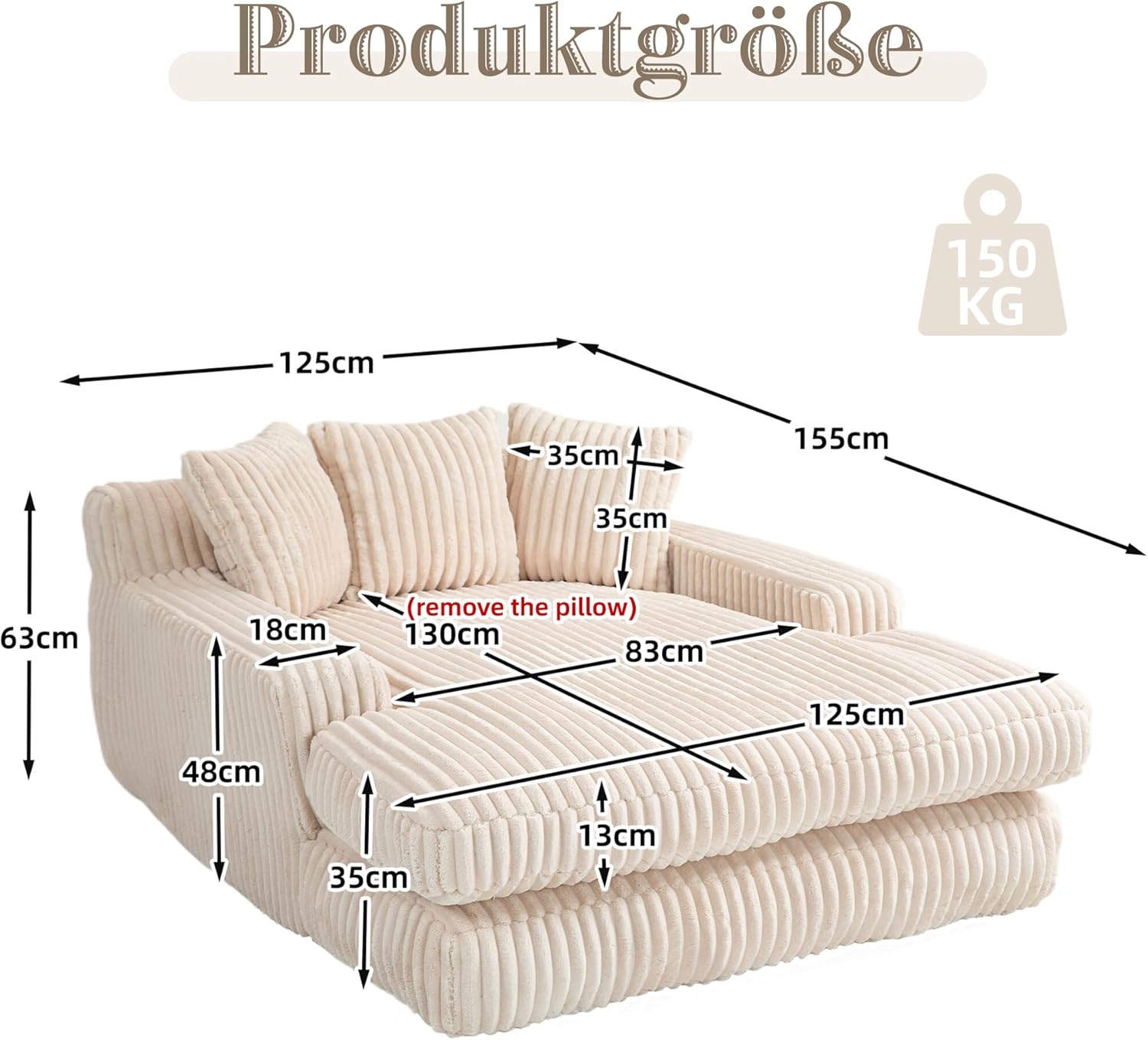 Modernes Cord-Schlafsofa Cloud Couch mit 3 weichen Kissen, bequemes Einzelsitz-Bodensofa für Wohnzimmer Wohnung Büro (Beige)