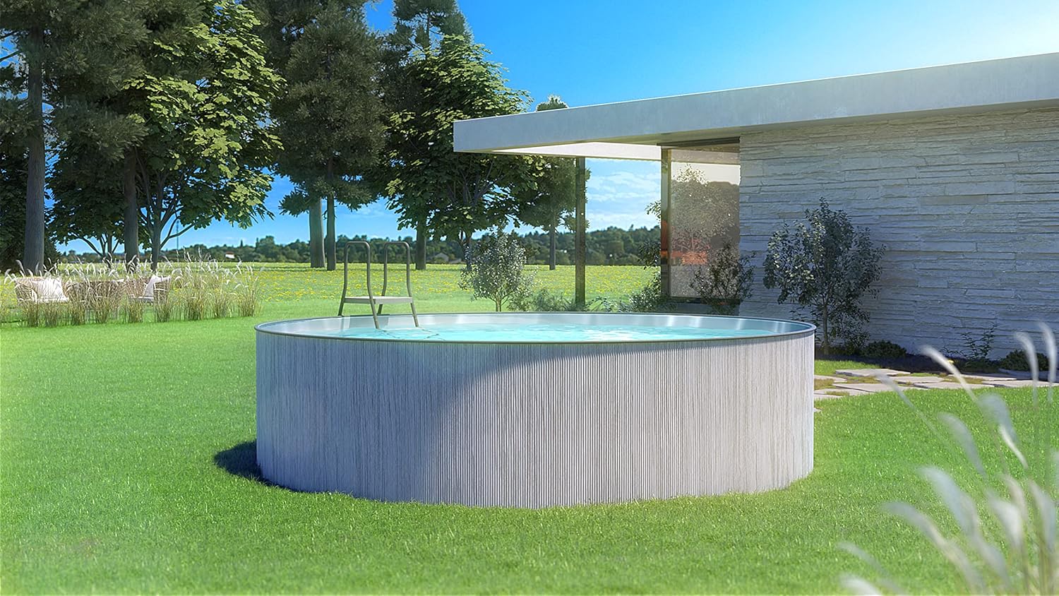 Steinbach Stahlwandpool New Splasher Secure – 011002G – Ø 350 x 90 m – Runder Pool in dunkelgrauer Holzoptik und grauer Innenfolie für bis zu 7.800 l Wasserinhalt – Mit Einhänge-Kartuschenfilteranlage