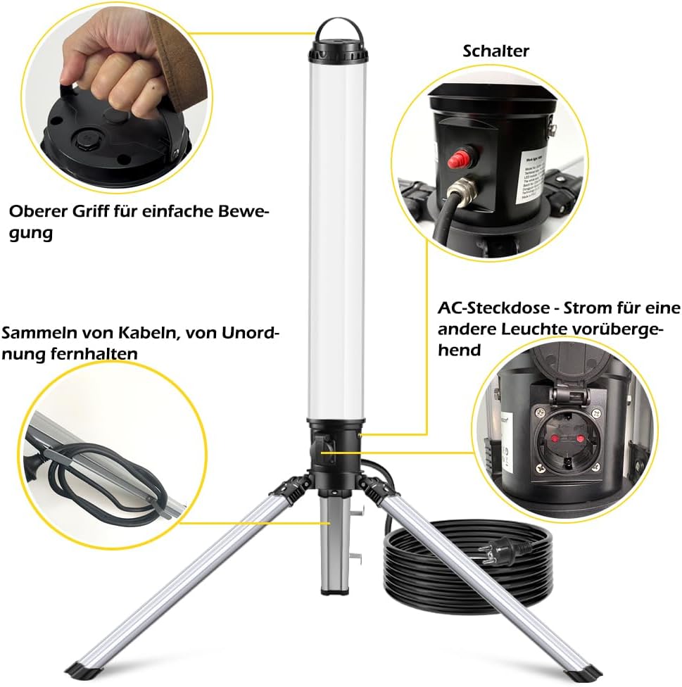 150W LED Turm Baustrahler mit Stativ, 15000 Lumen 360 Grad Strahler LED Arbeitsleuchte mit 2m Kabel, 4000K Warmweiß，Vormontage für Heimwerken, Werkstatt, Garage, Keller, Schuppen