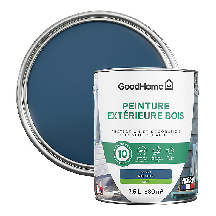 Peinture extérieure bois GoodHome Bandol bleu satin 2.5L