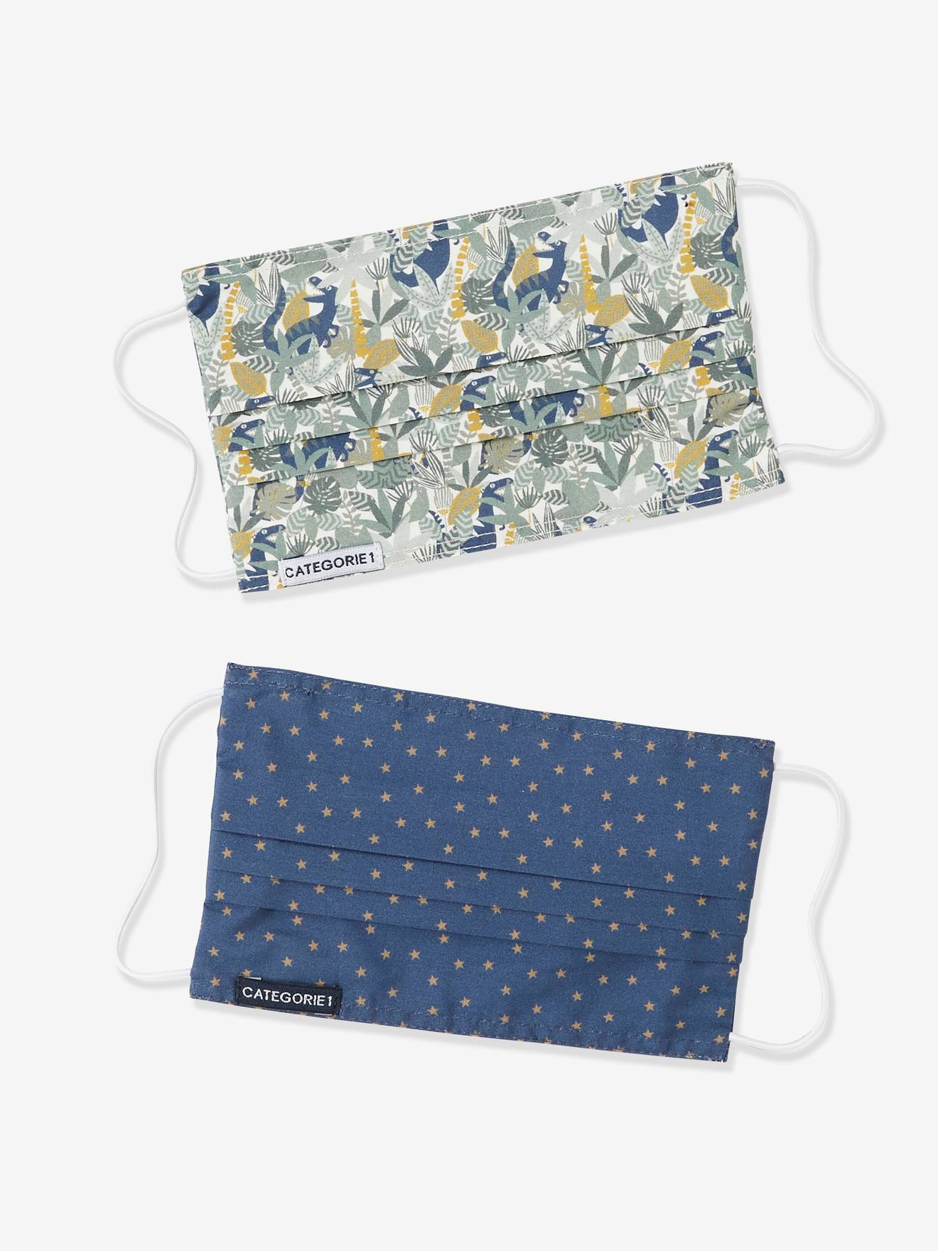 Conjunto de 2 máscaras faciais laváveis e estampadas para crianças, brancas com estampa.