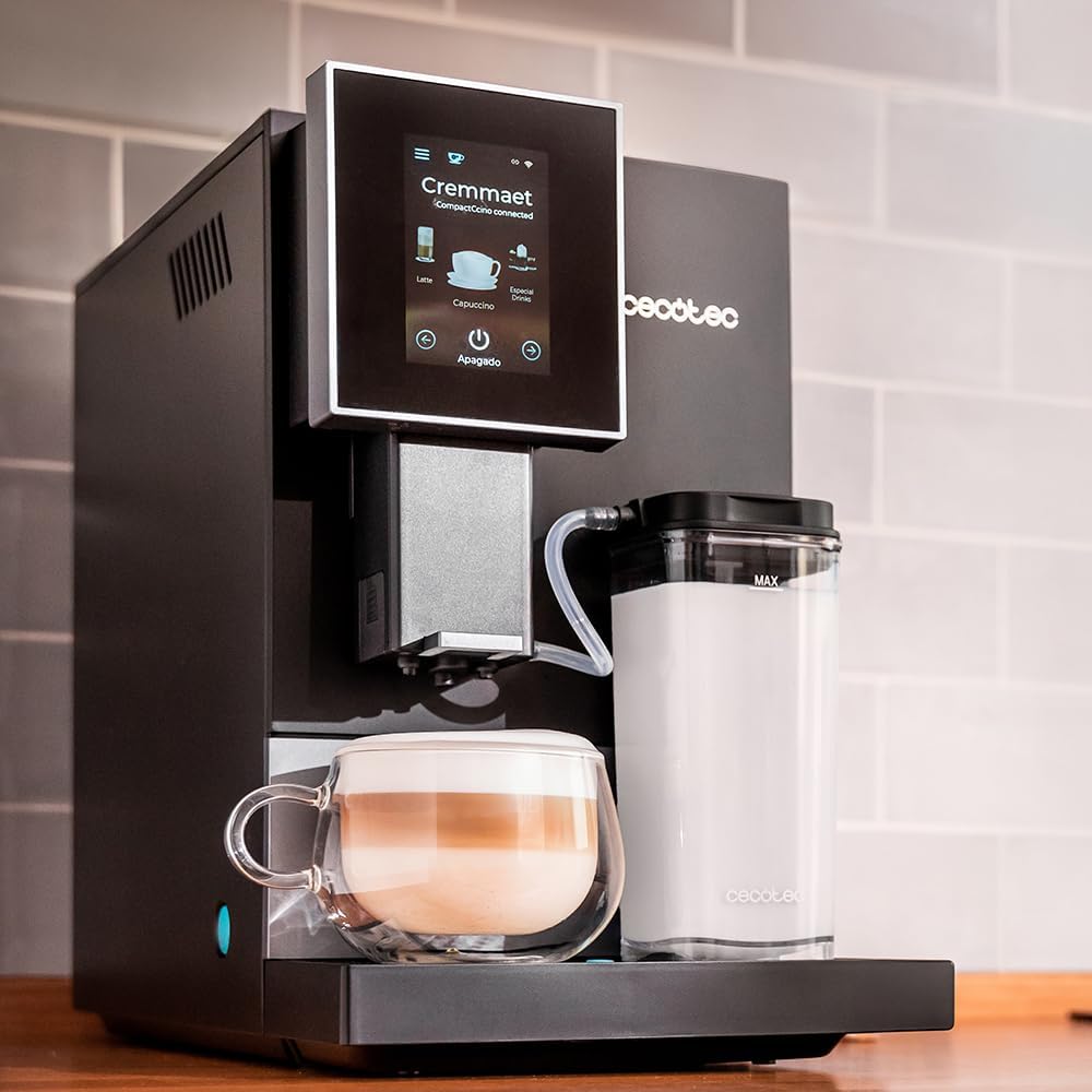 Cecotec Kompakte Superautomatische Kaffeemaschine mit Wifi Cremmaet Compactccino Connected Black Silver. 1350W, 19 Bar, TFT-Bildschirm und APP, Mahlwerk, Milchtank 400 ml und 1 Liter Wasser