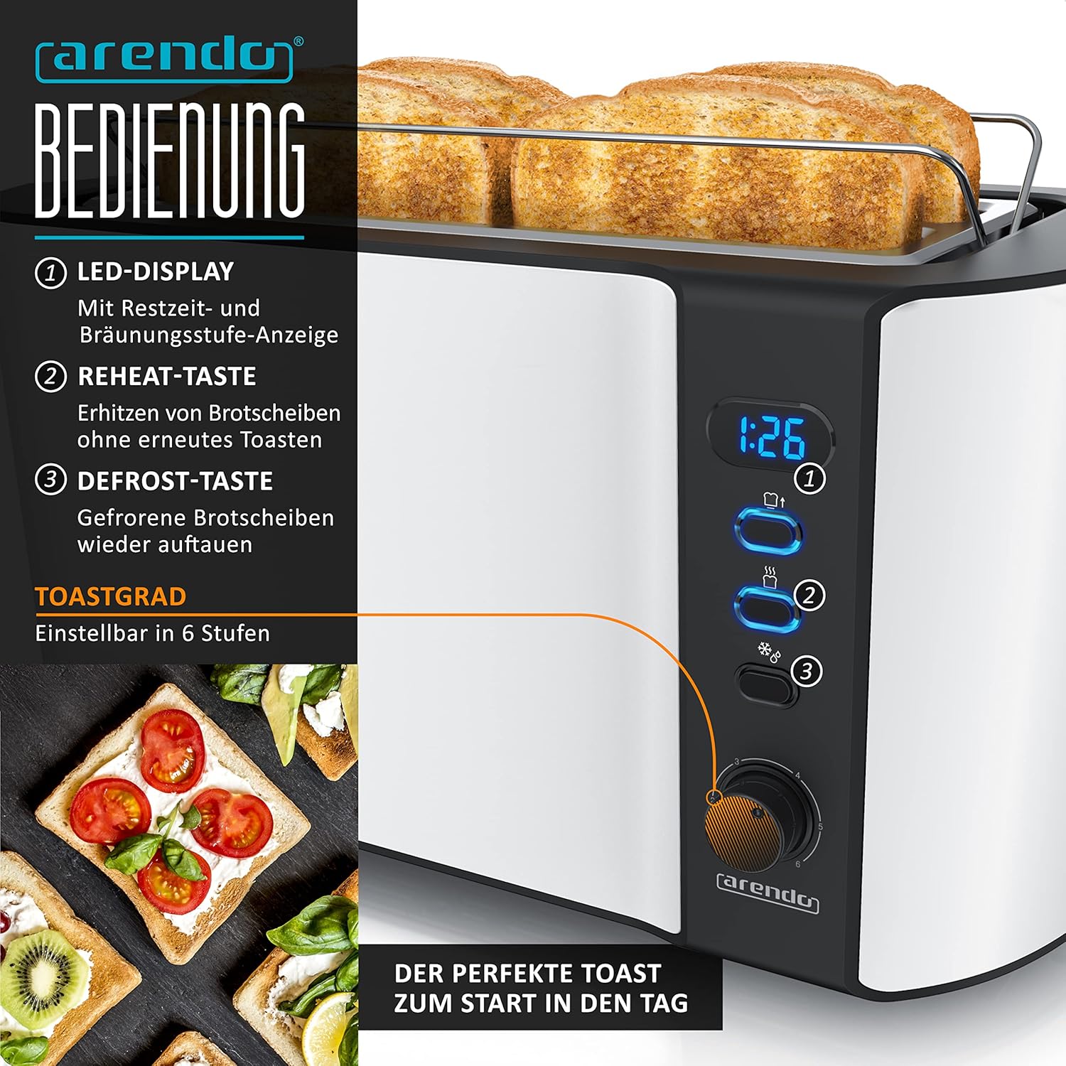 Arendo - Wasserkocher mit Toaster SET Edelstahl Weiß matt, Wasserkocher 1,5L 40° - 100° Warmhaltefunktion Toaster 4 Scheiben LED-Display 6 Bräunungsgrade Brötchaufsatz