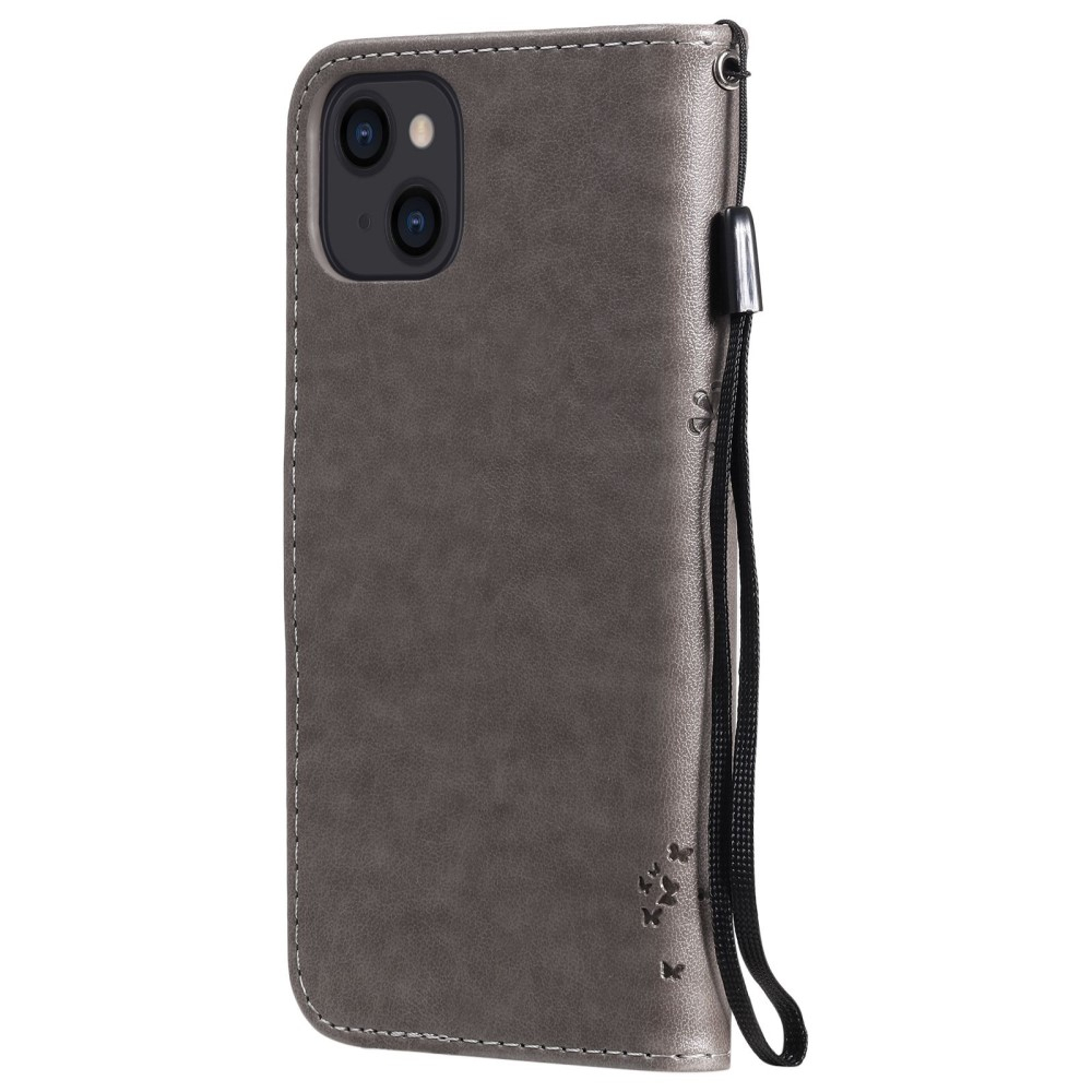 iPhone 14 Leder Tasche Flip Cover Baum Imprint - Grau