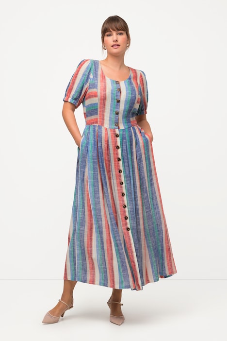 Midikleid, Leinenmix, Taschen, Rundhals, Puff-Halbarm