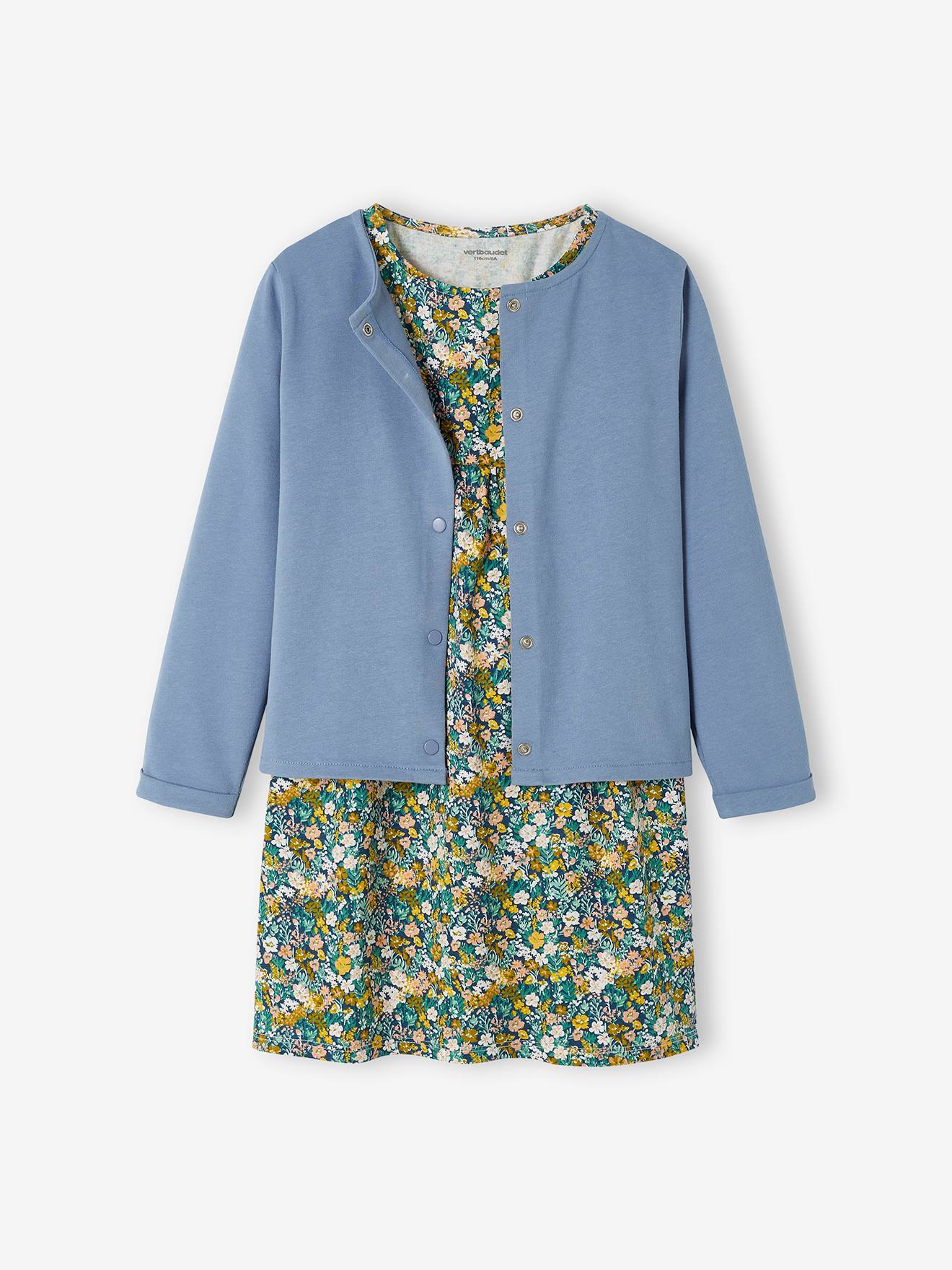 Conjunto de vestido e casaquinho infantil, azul médio liso