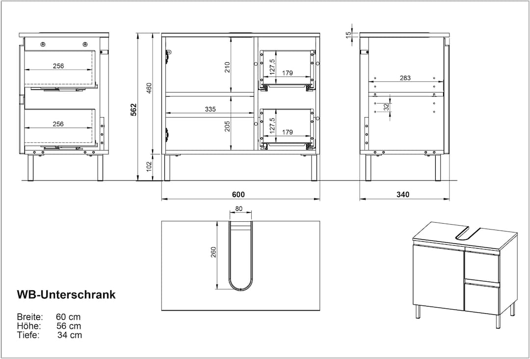 Waschbeckenunterschrank SOPHIE 60x56x34 weiß/Grandson-Eiche Nb.