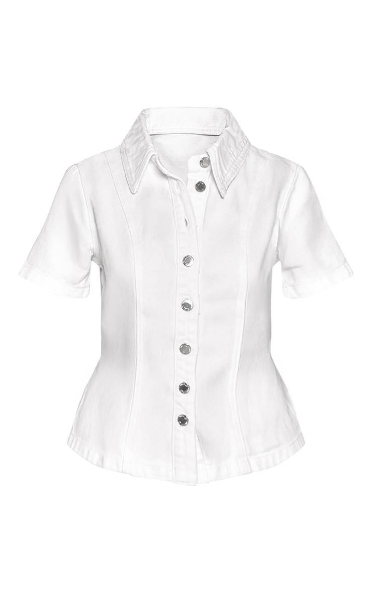 Blanc Chemise En Denim À Manches Courtes Boutonnée Petite Taille