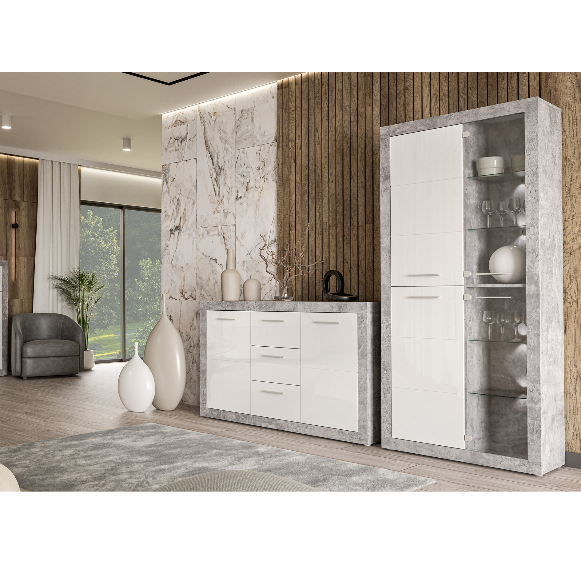 Vitrine - Betonoptik - weiß Hochglanz - mit Beleuchtung