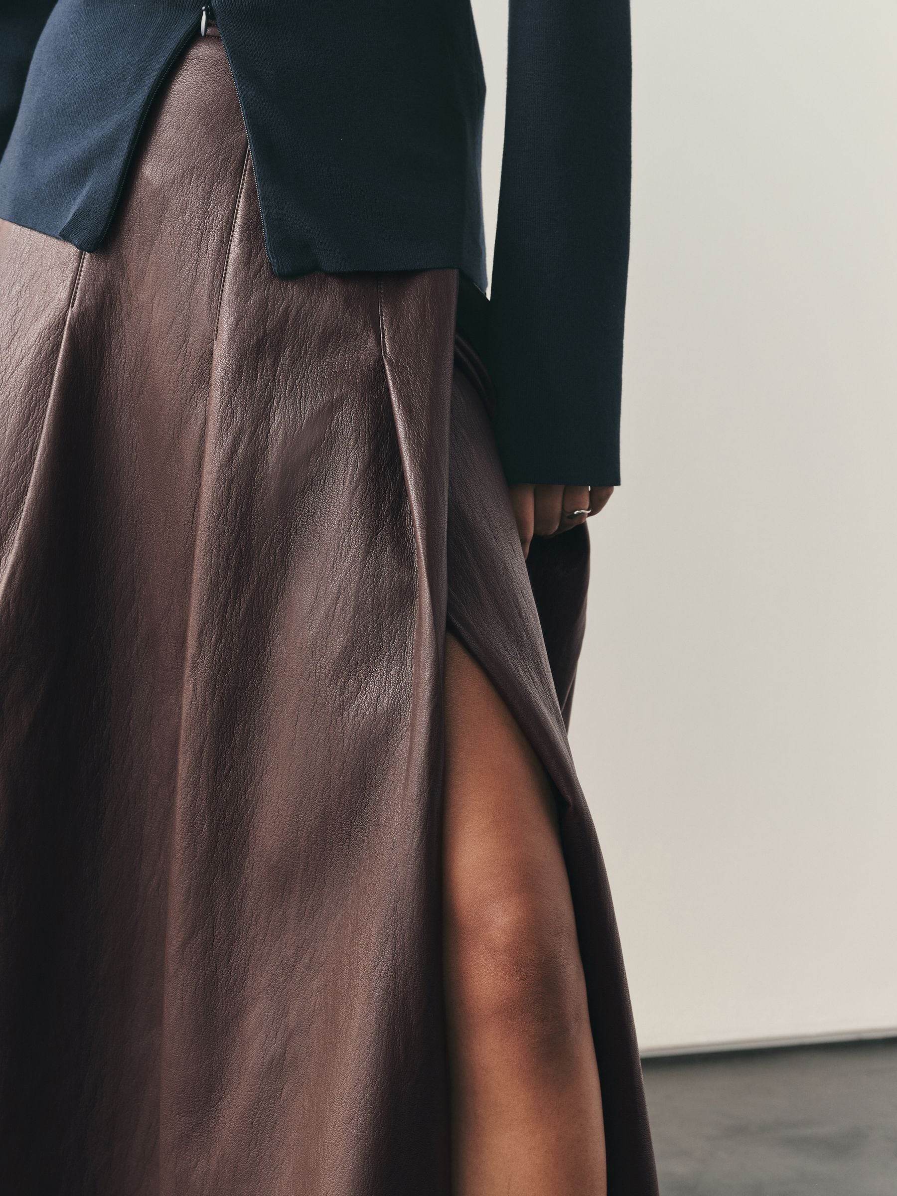 Nothing Ordinary Faux Leather Wrap Midi Kilt Skirt