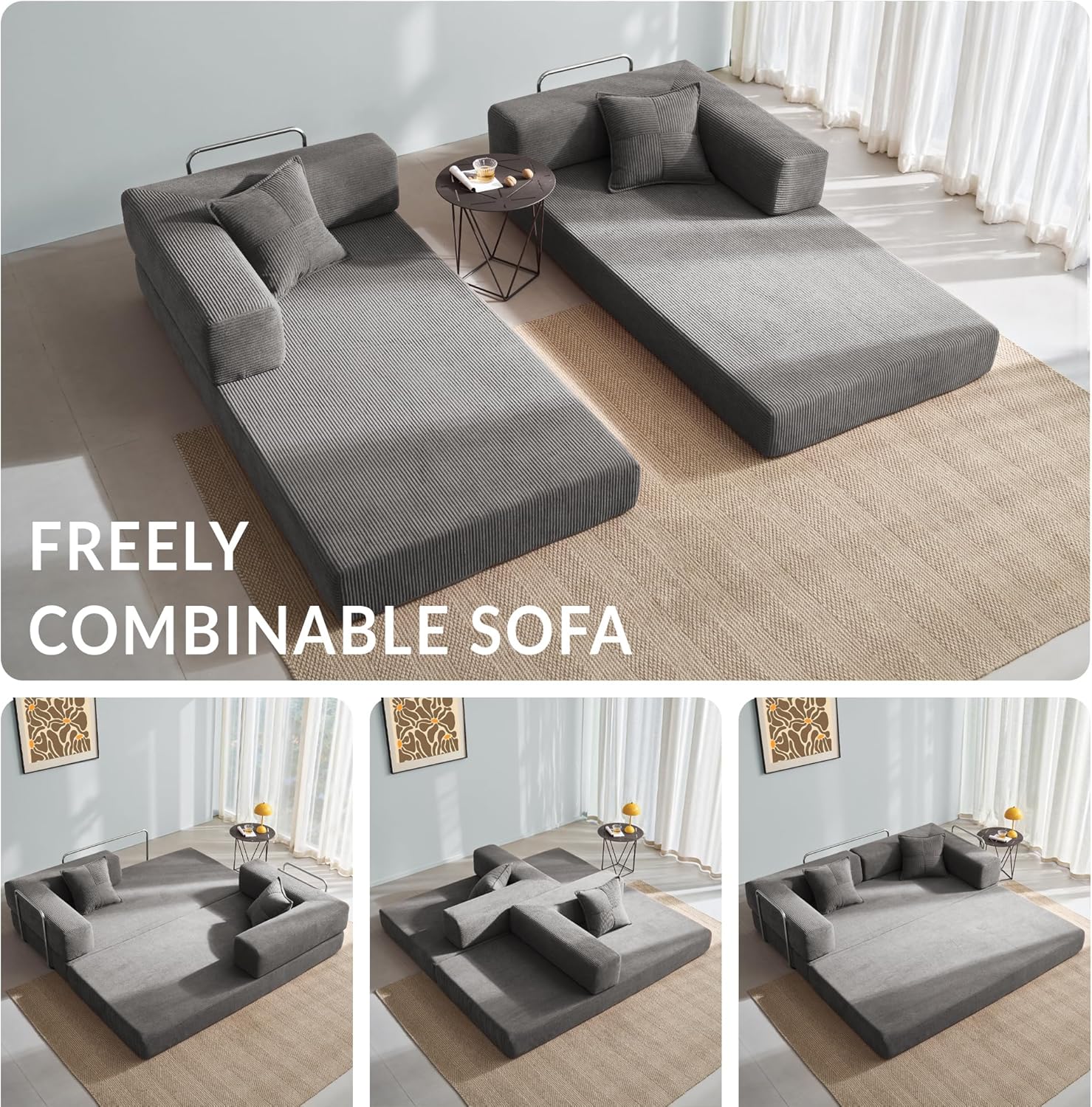 YINIX Faltbares Schlafsofa 200cm Breite XXL Bett, Modulares Bodensofa, Cord Wolkensofa mit Metallrahmen, 3 Sitzer Gästebett Klappbar, rutschfest, Waschbar (Grau, 200cm (3-Sitzer))