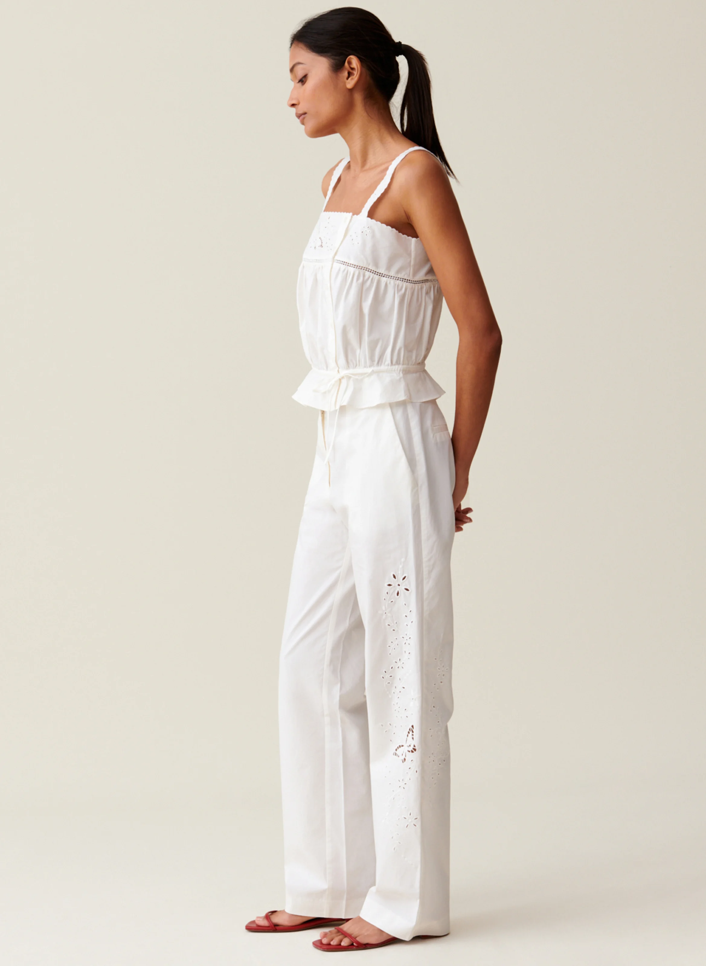 Pantalon droit brodé en coton | Blanc