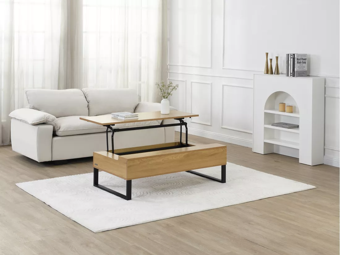 Table basse avec plateau relevable en MDF et acier noir - Naturel - SECALI