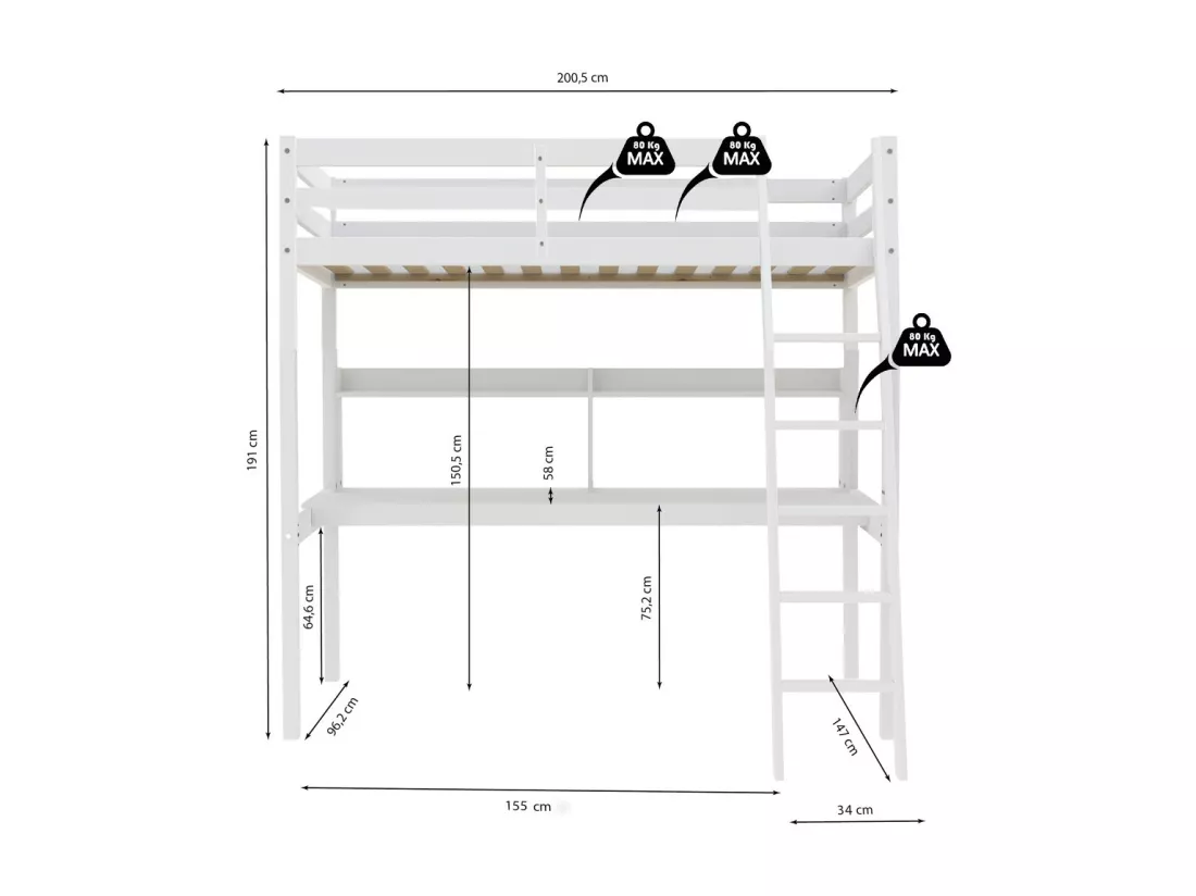 Lit mezzanine STUDIO 90x190 + 1 sommier + bureau + étagère / Blanc