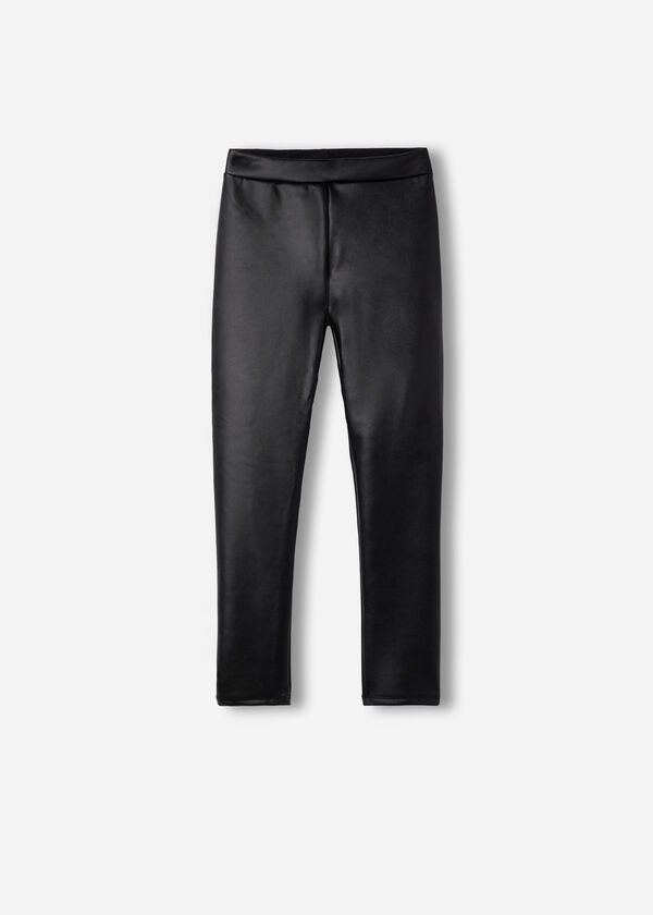 Calças legging térmicas com efeito de couro para meninas
