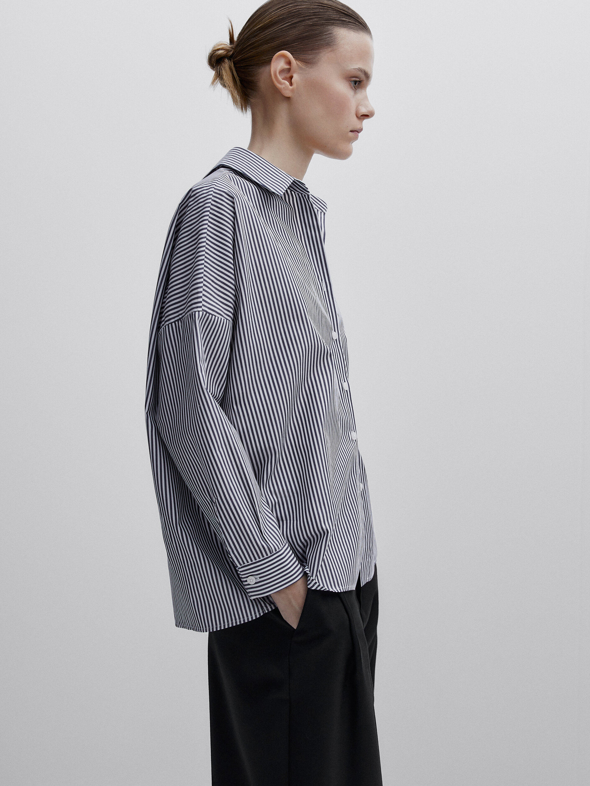 Camisa rayas popelín abertura -Studio - AZUL MARINO