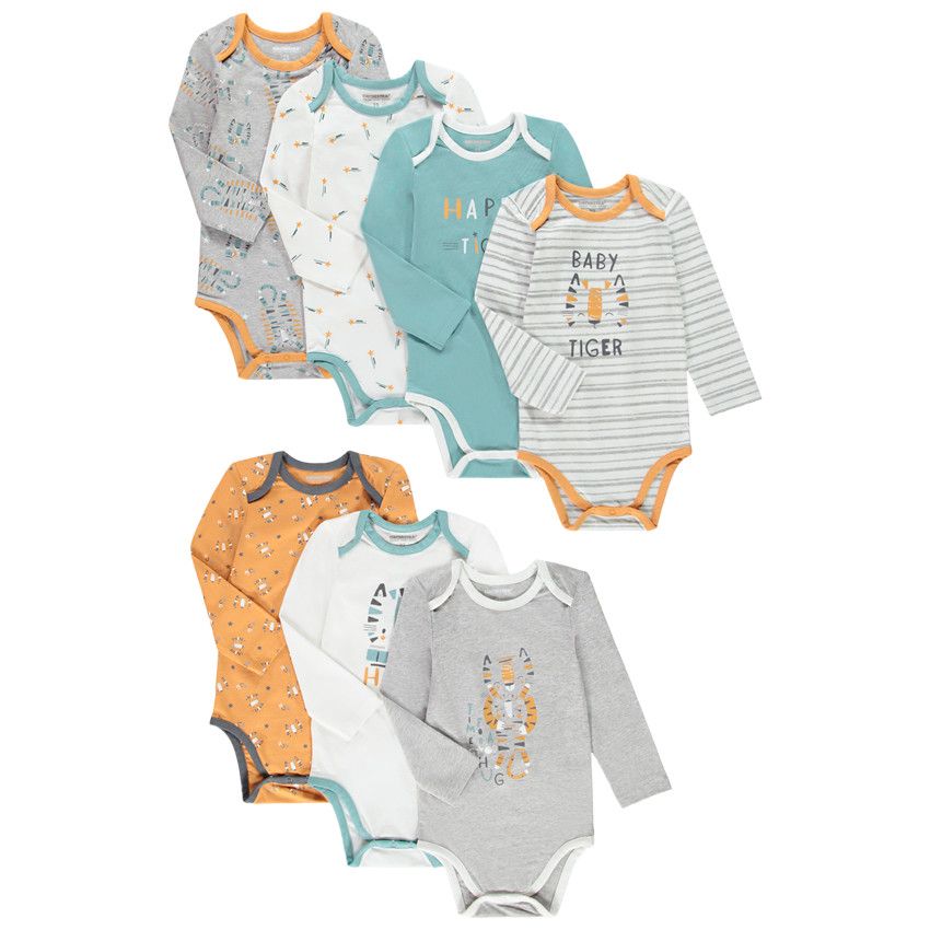 Lot de 7 bodies manches longues imprimés tigres pour bébé garçon - Ecru