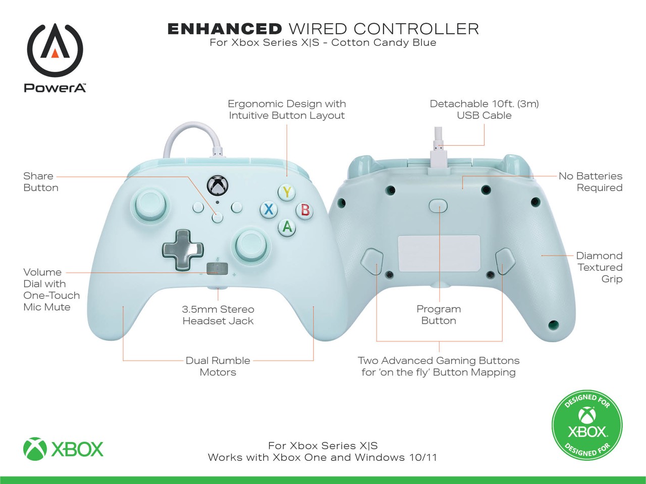 PowerA Enhanced Wired Controller - Xbox Series X/S - Cotton Candy Blue