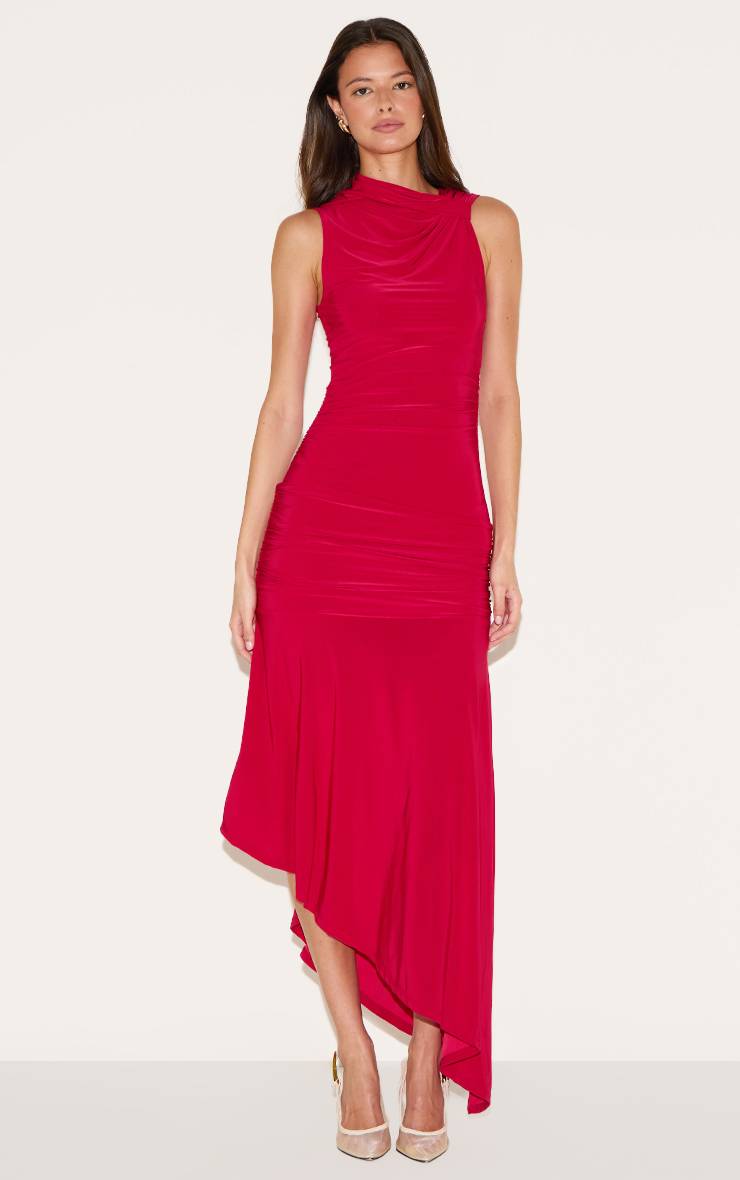 Rouge Robe Mi-longue Asymétrique Froncée En Tissu Soyeux Double Épaisseur