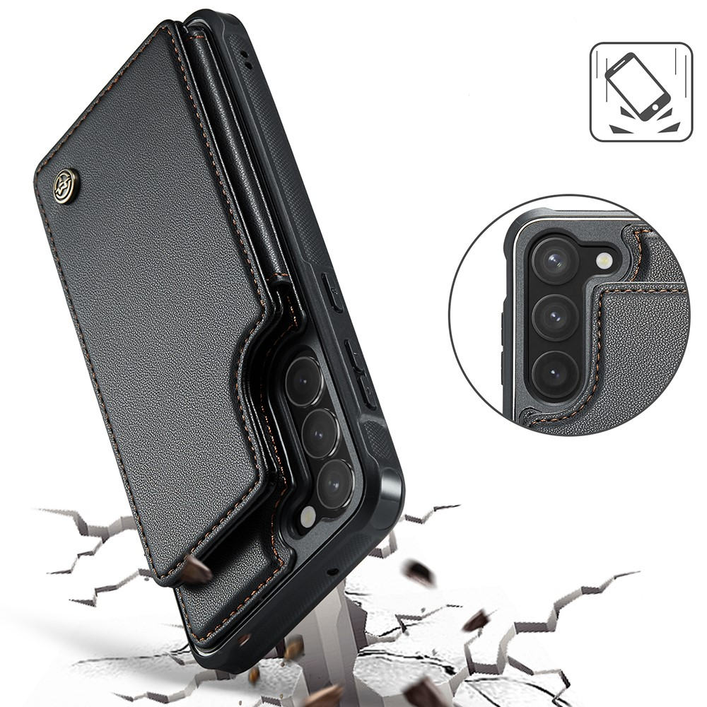 Samsung Galaxy S23 5G Leder Hülle mit Kartenfächern im Litchi Look   Kickstand (RFID Schutz) - Schwarz