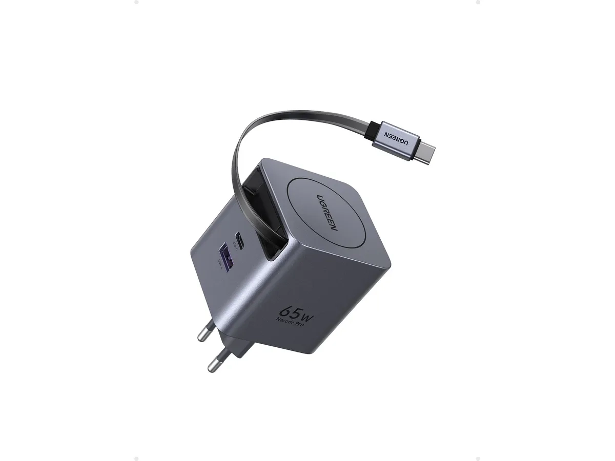 (65W) 3in1 USB C / USB A GaN Ladegerät Fast Charger GaNinfinity & Thermal Guard mit ausziehbarem USB C Ladekabel (65825) - Silber