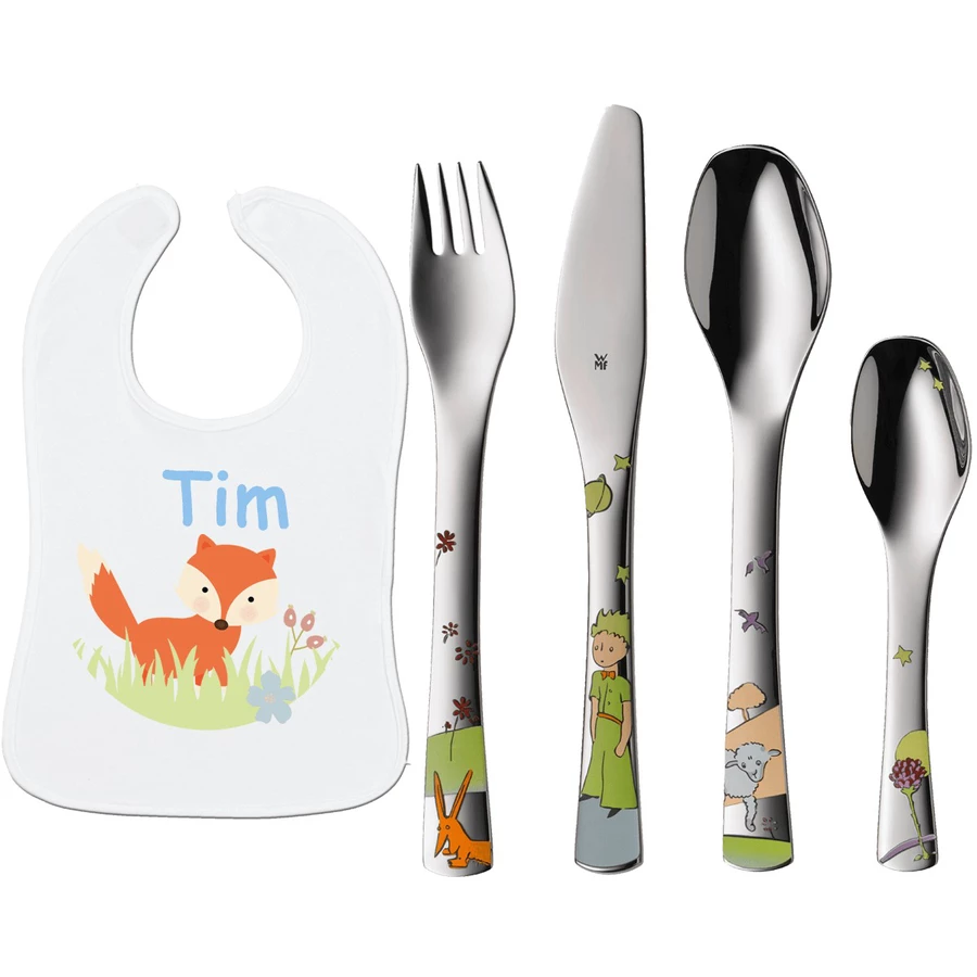Schnullireich Geschenkset mit Namen WMF Kinderbesteck Kleiner Prinz + Lätzchen Fuchs Silber