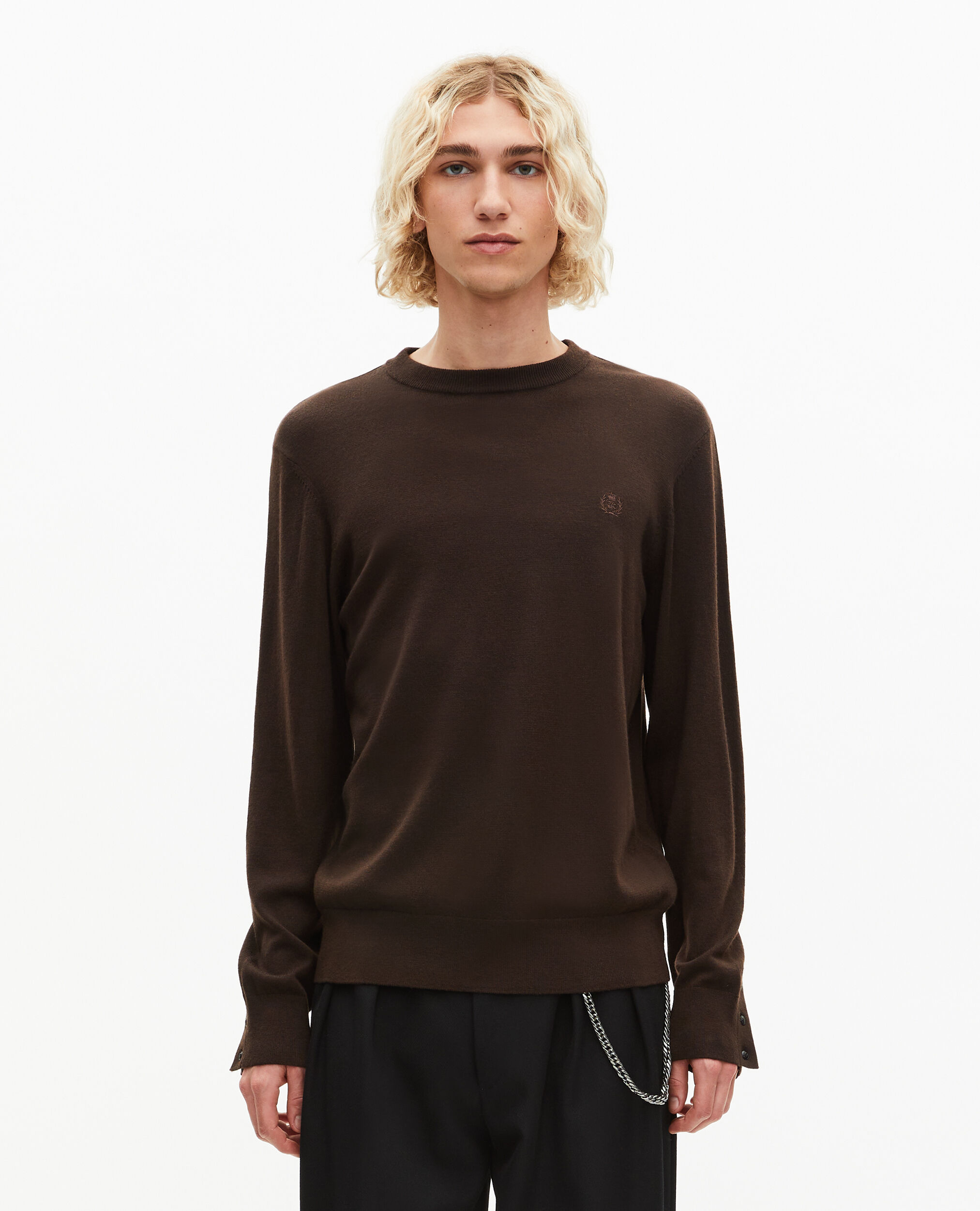 Pull col rond en laine mérinos marron