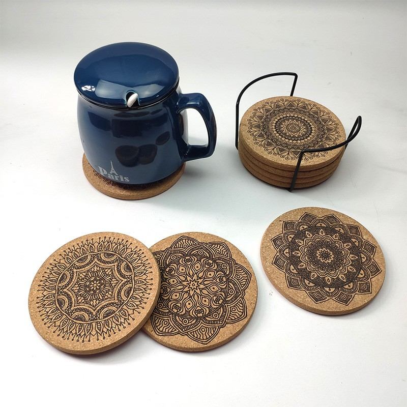 (12er Set) Ø10cm Kork Getränke Untersetzer Mandala Glasuntersetzer   Halterung - Braun