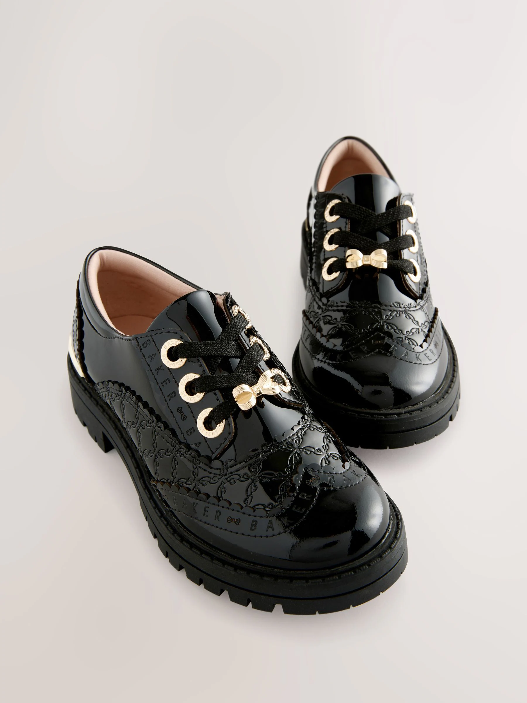 Baker by Ted Baker Girls Back to School Chunky Patent Black Brogue Shoes with Bow