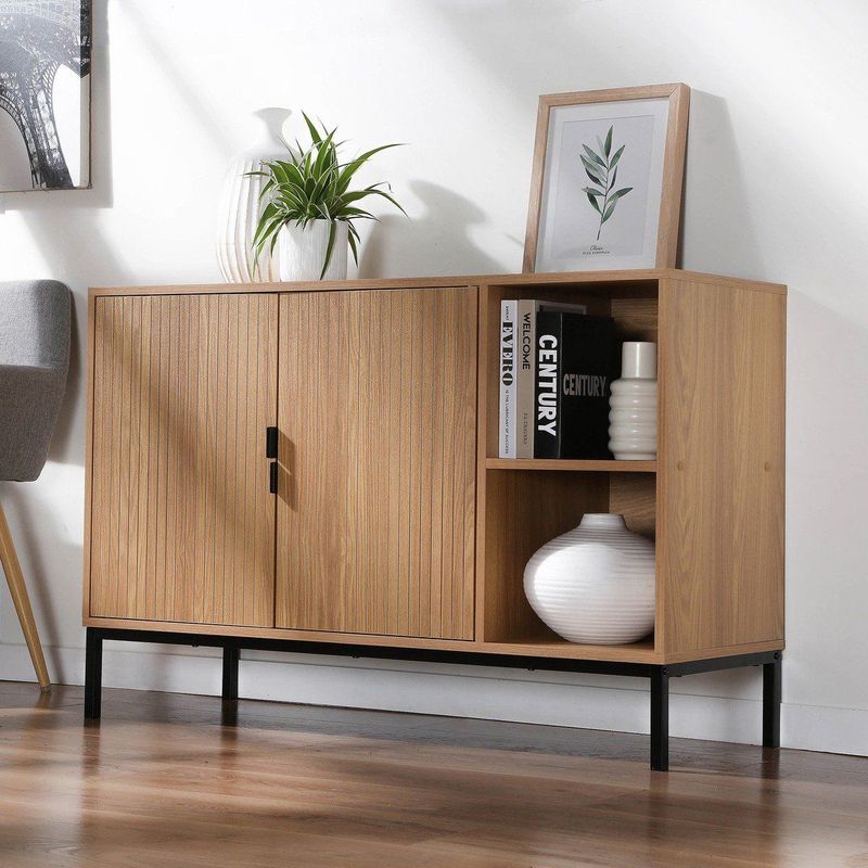 Dressoir met 2 deuren en 2 open vakken in groefhoutlook L110 cm - TARA