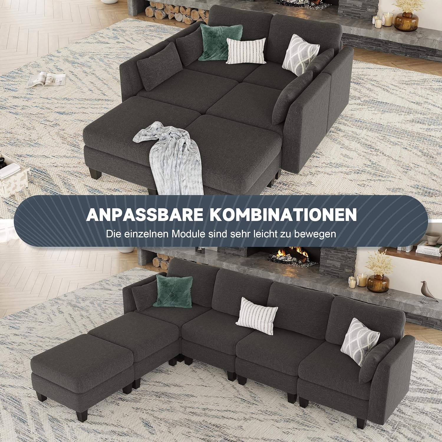 U-Form Modulares Ecksofa mit schlaffunktion,Moderner Schlafsofa aus Stoff，umwandelbarer Sofa mit Hochdicht-Memory-Schaum, bequemer 6-Sitzer Modulares Eckcouch für den Wohnzimmer, Dunkelgrau