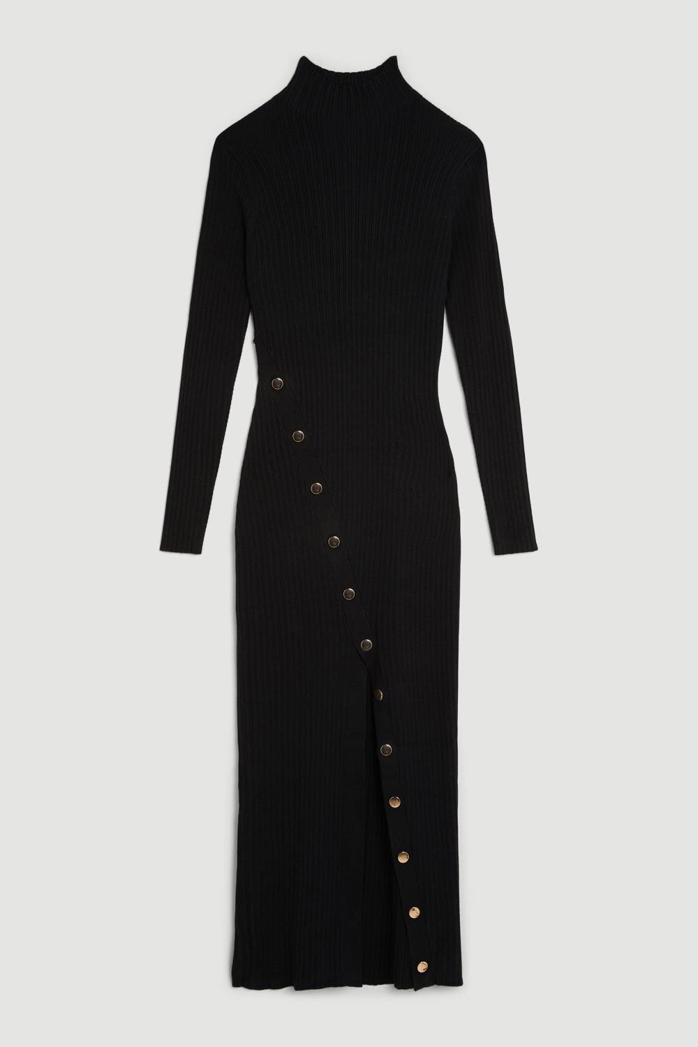 KarenMillen Robe Midi en Maille Mélange Viscose avec Détail de Pressions Fendue