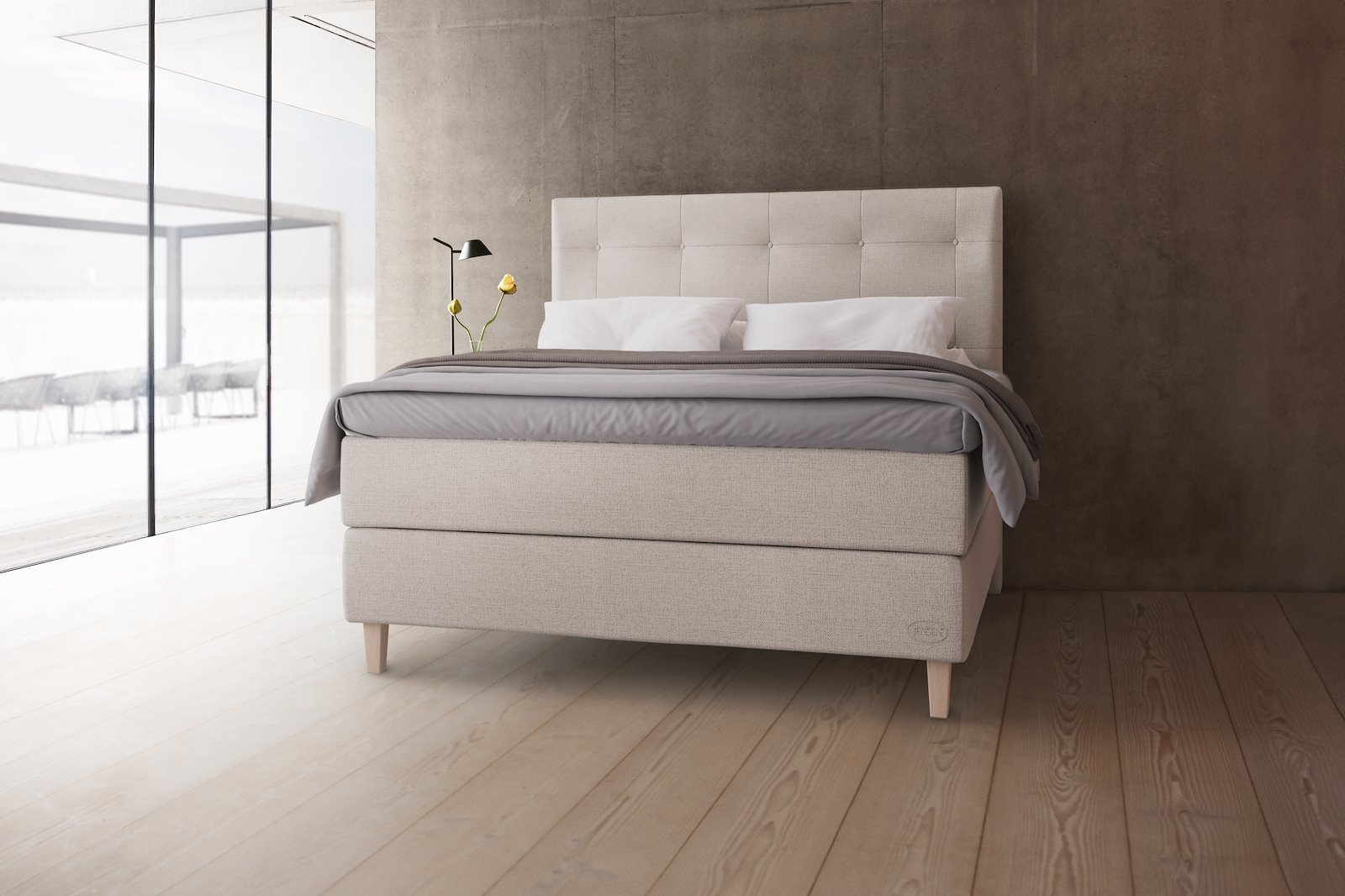 Carat jubileum Exact kontinentalseng 150x200 cm Tekstil 386 Natur, medium/medium, Exact, seamless, Sleep II overmadrass, Kantet Konet 14 cm hvitvasket ben + støtteben, gavl selges separate.