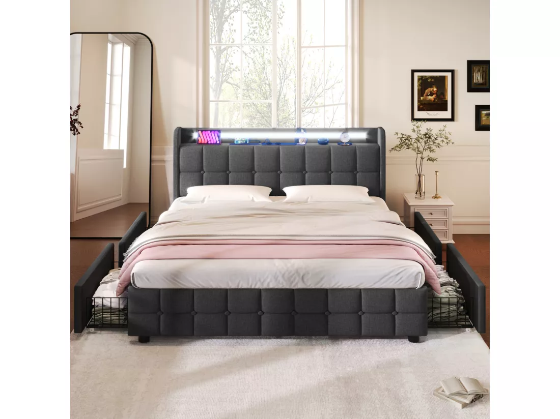 Lit 160x200cm avec tiroirs, Lit double capitonné avec rangement, éclairage LED, 2 chargeurs USB, lit adulte, sommier à lattes, gris